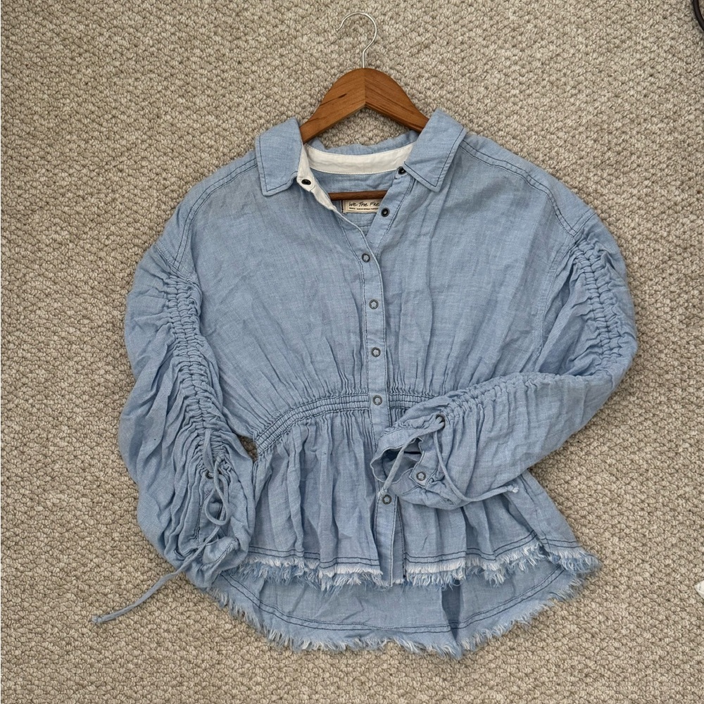 Free people Light Denim Ruched Blouse